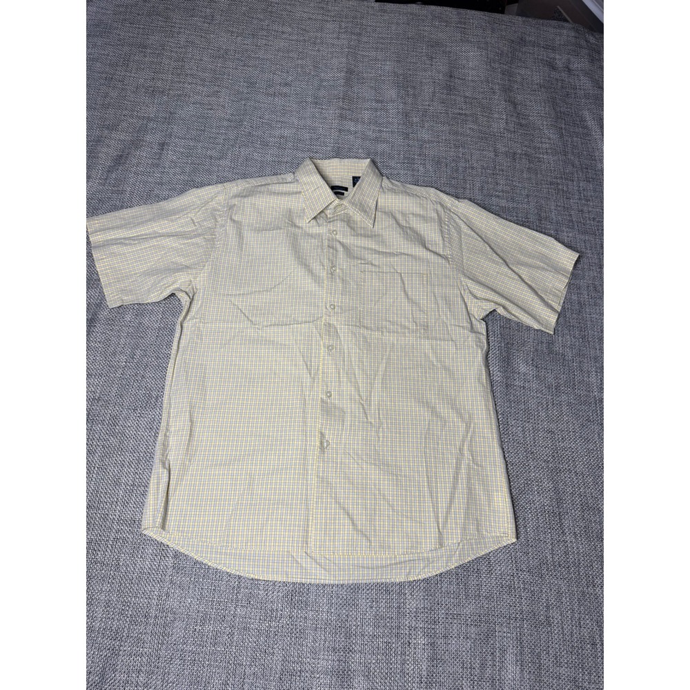 VANHEUSEN STUDIO Mens L 16-16 1/2‎ Yellow Plaid Short Sleeve Button Down Shirt